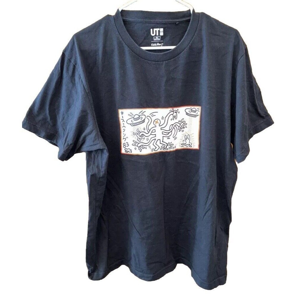 Uniqlo X Keith Haring Men T Shirt XL Black Graphic Print Art Grafitti Cotton
